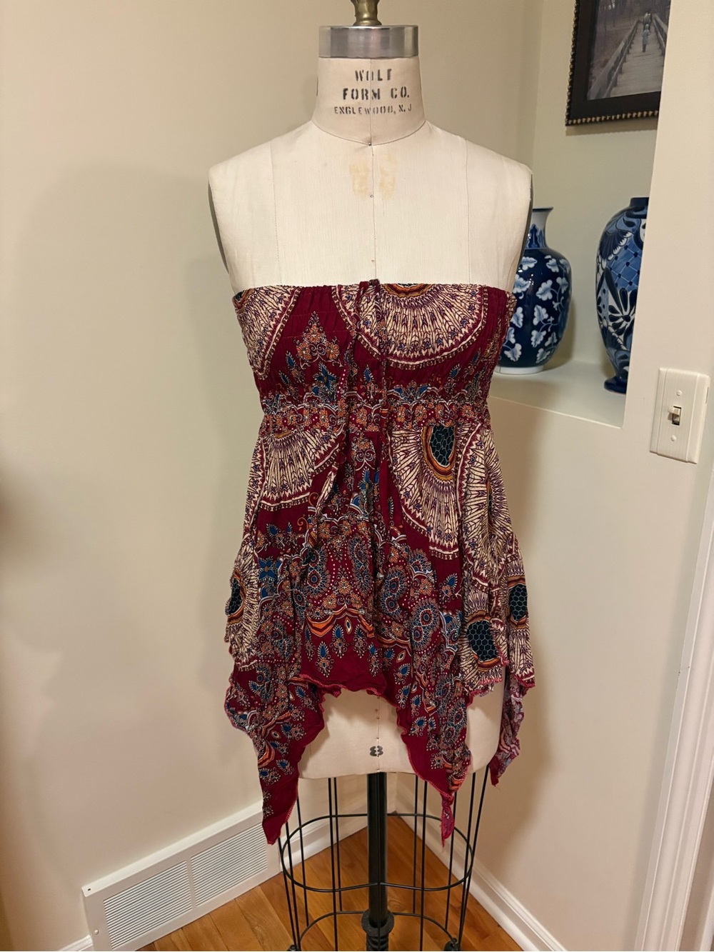 Strapless Boho Paisley Handkerchief Hem Top in Burgundy